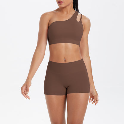 Oblique One Shoulder Beauty Back Yoga Bra Nude Feel Sports Bra Strap Running Workout Vest Shorts Set Women
