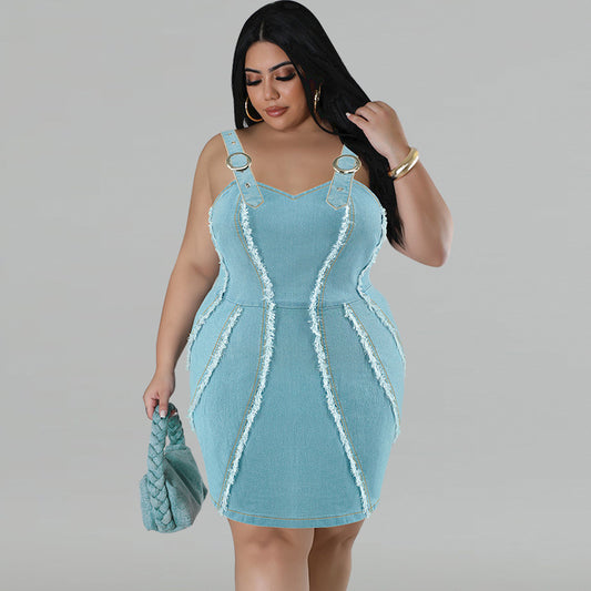 Plus Size Women Clothing Denim Sling Sleeveless Short Dress