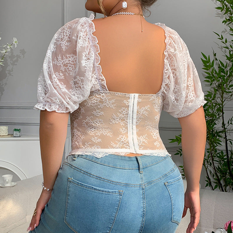 Sexy Lace See through Puff Sleeve Lace Boning Corset Top