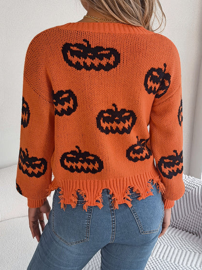 Autumn Winter Halloween Contrast Color Pumpkin Cut Rotten Long Sleeve Pullover Women Clothing