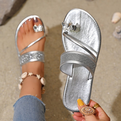 Rhinestones Strap Toe Covering Flat Slippers Women Outer Wear Golden Beach Sandals