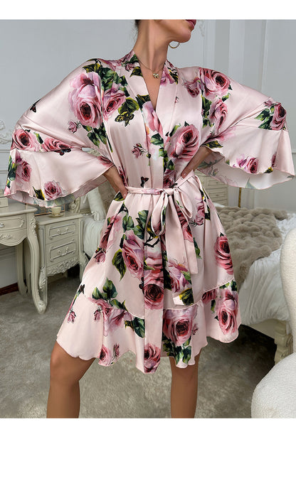 Sexy Underwear Ruffled Emulation Silk Nightgown Cardigan Bathrobe Home Wear Pajamas Women