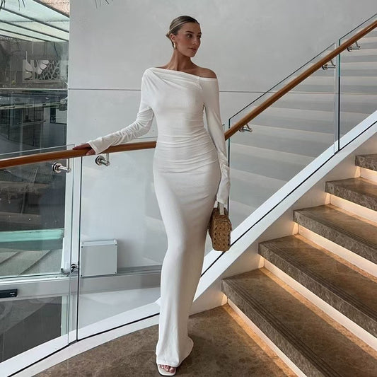 Sexy Women Clothing Sloping-Shoulder off the Shoulder Long Sleeve Slim Fit Pleated Long Socialite Dress