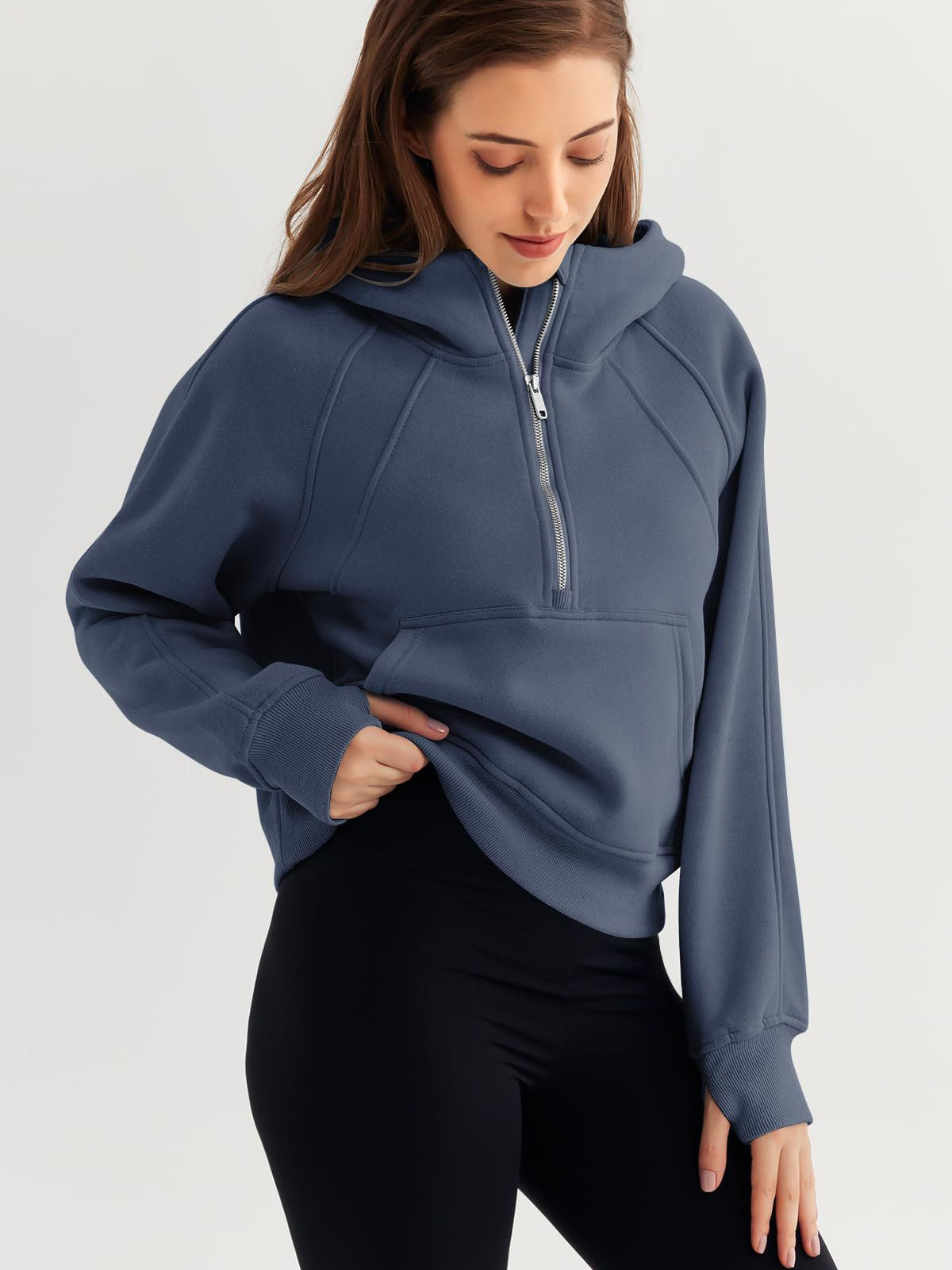 Half Zipper Pullover Hooded Sweatshirt Fleece Short Chic Scuba Sweater for Women