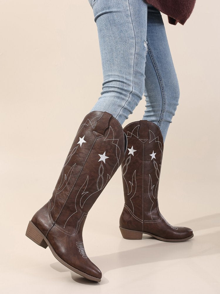 Totem Embroidery High Leather Boots Women Sewing Thread Pointed Toe Chunky Heel Knee High Boots - GLAMWEARS