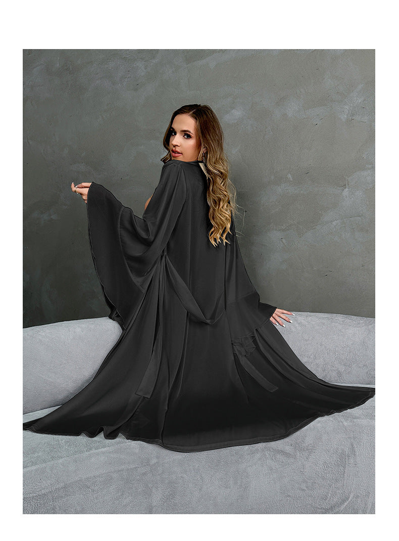 Satin Pajamas Women Long Sleeved Ruffled Chiffon Stitching Nightgown Bathrobe Home Wear Women