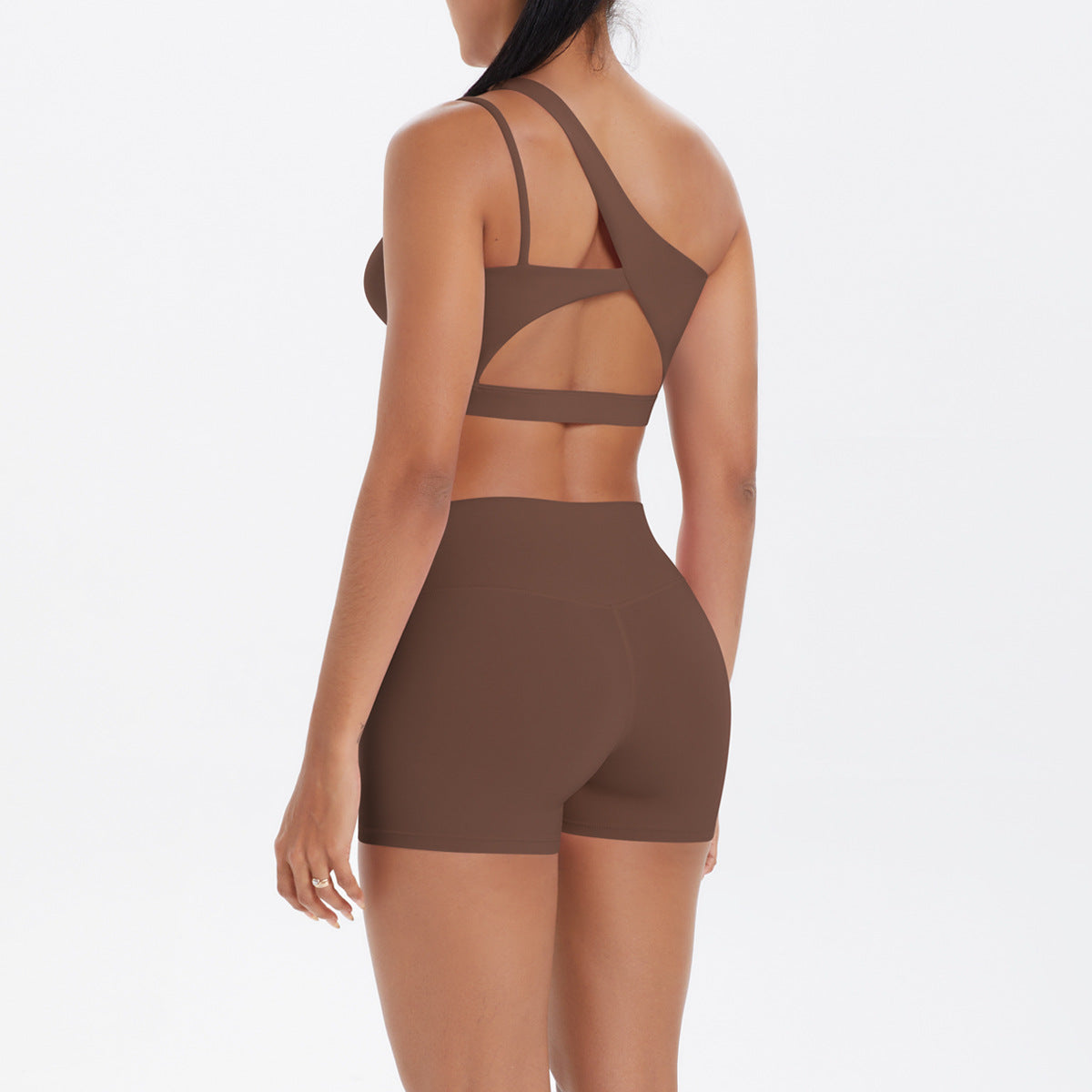 Oblique One Shoulder Beauty Back Yoga Bra Nude Feel Sports Bra Strap Running Workout Vest Shorts Set Women