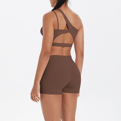 Oblique One Shoulder Beauty Back Yoga Bra Nude Feel Sports Bra Strap Running Workout Vest Shorts Set Women