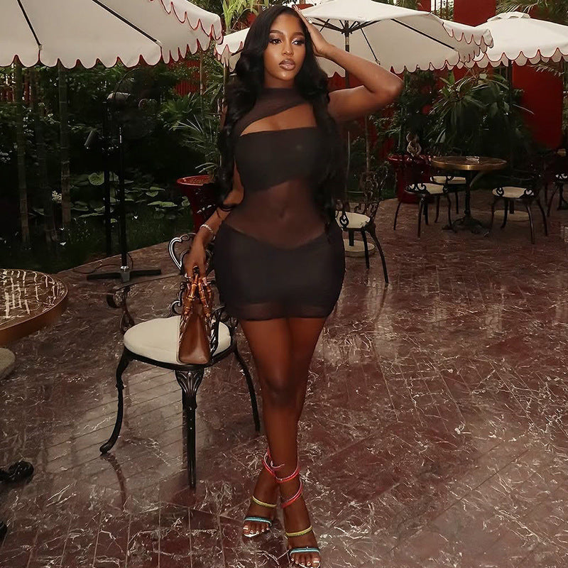 Personality Hipster Women Clothing Sexy See through Slim Hip Skirt Hollow Out Cutout High Collar Solid Color Short Dress
