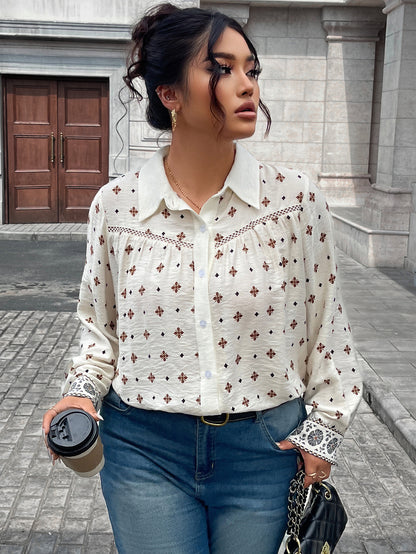 Women Shirt Top Beige Printing Hollow Out Cutout Design Polo Collar Casual Top