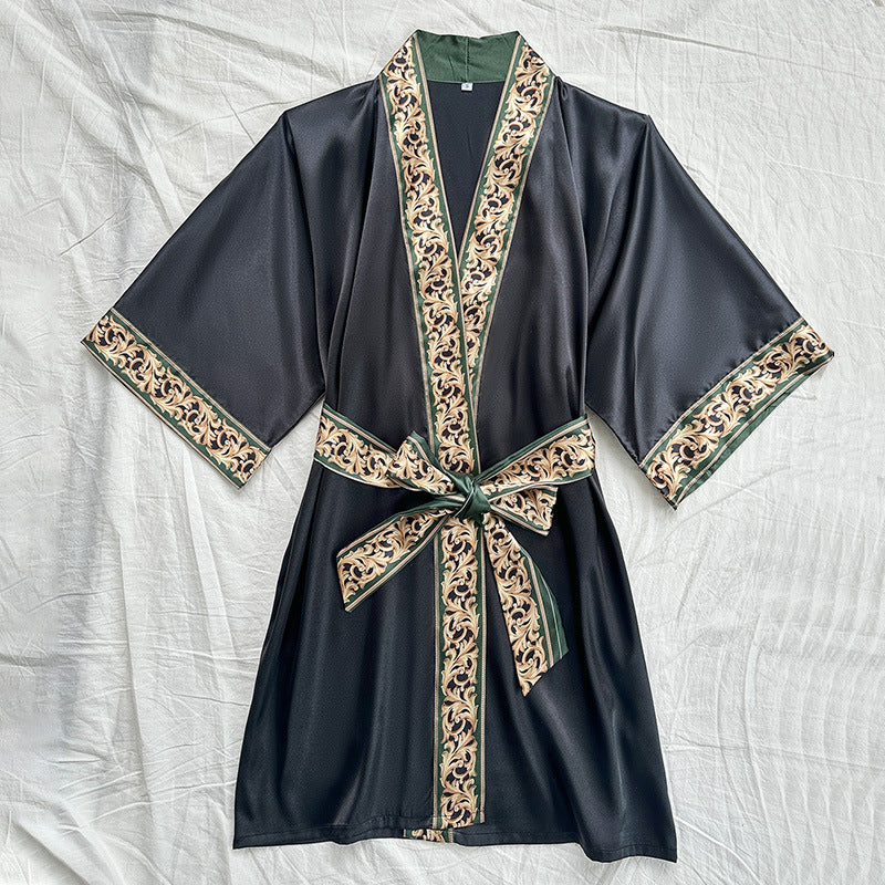 Ice Silk Nightdress Four Seasons Simplicity Homewear Sexy Mid Length to Long Cardigan Nightgown Bathrobe Women Chinese Nightgown