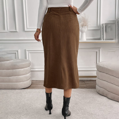 Retro Corduroy Skirt Autumn Winter Elegant Office Split Skirt Women
