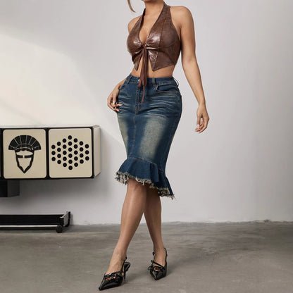 Sexy Women High Elastic Fishtail Skirt Slimming Sheath High Waist Retro Denim Skirt