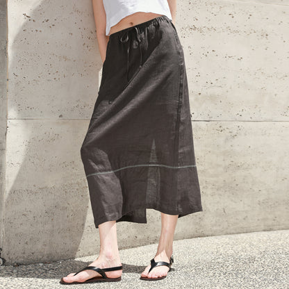 Pure Linen Stitching Hollow Out Cutout Skirt Summer Loose Straight Elastic Waist Skirt Back Slit Retro A line Skirt