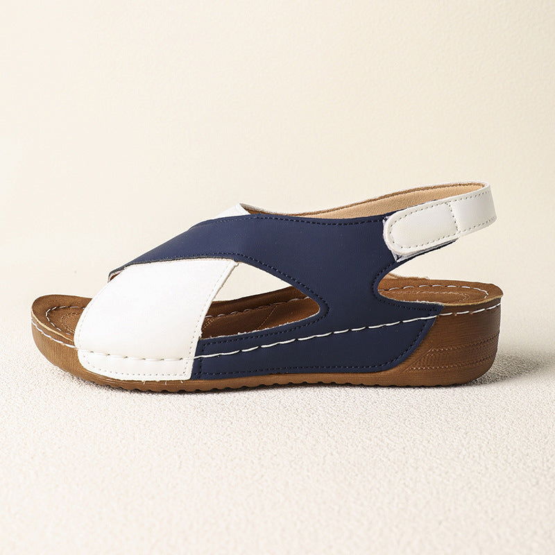 Platform Cross Wedge Sandals Women Outer Wear Contrast Color Breathable Velcro Beach Slippers