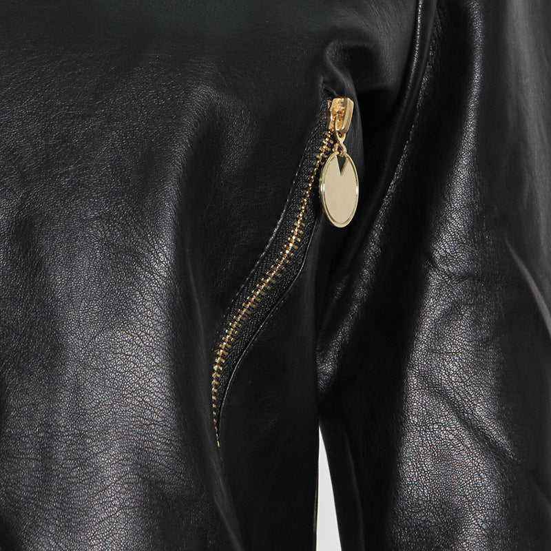 Locomotive Jacket Leather Coat Spring Polo Collar Eyelet Rivet Hollow Out Cutout Slim Jacket