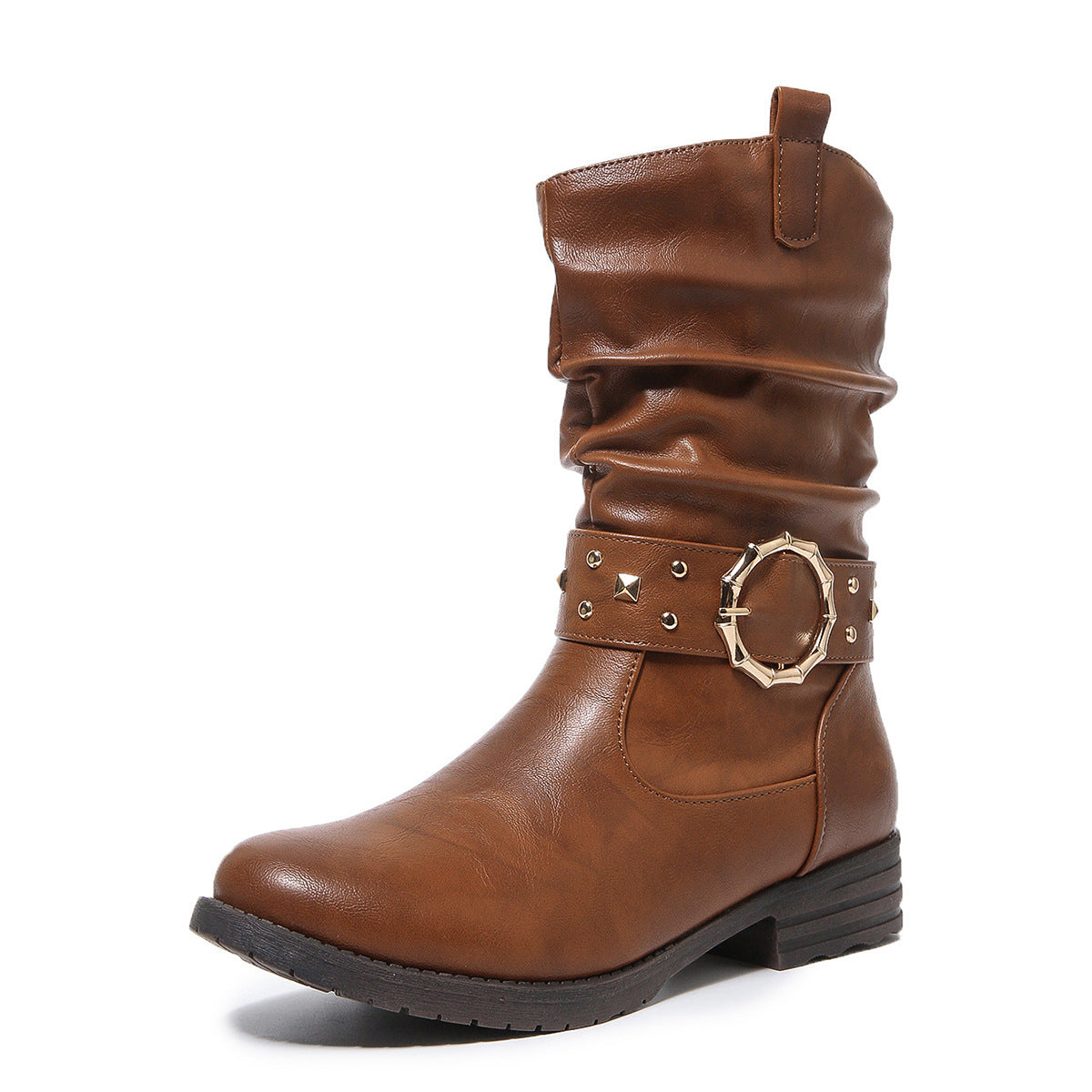 Western Denim Mid-Calf Boots for Women Chain Rivet Chunky Heel Knight Boots