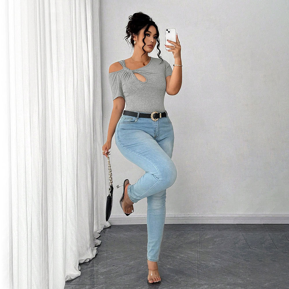 Plus Size Women Summer Simple T shirt Twist Design Irregular Asymmetric Short Top