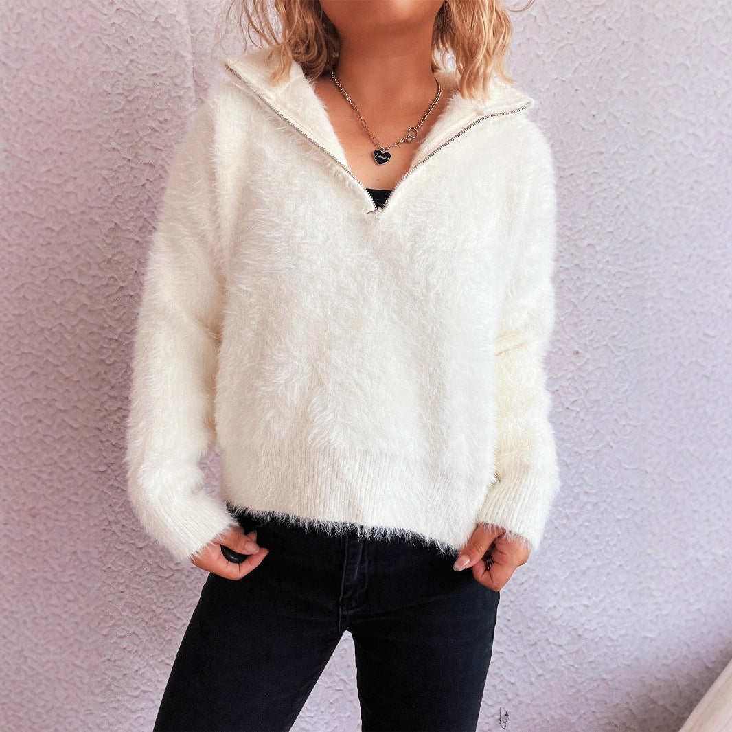Solid Color Short Casual Polo Collar Half Zipper Knitted Top Commuting Women Sweater