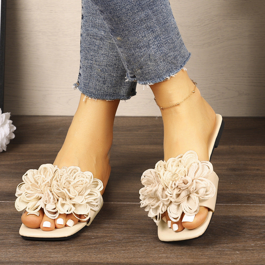 Floral Flat Square Toe Slippers for Women Outdoor Casual Lightweight Beach Slippers