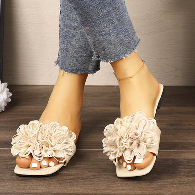 Floral Flat Square Toe Slippers for Women Outdoor Casual Lightweight Beach Slippers