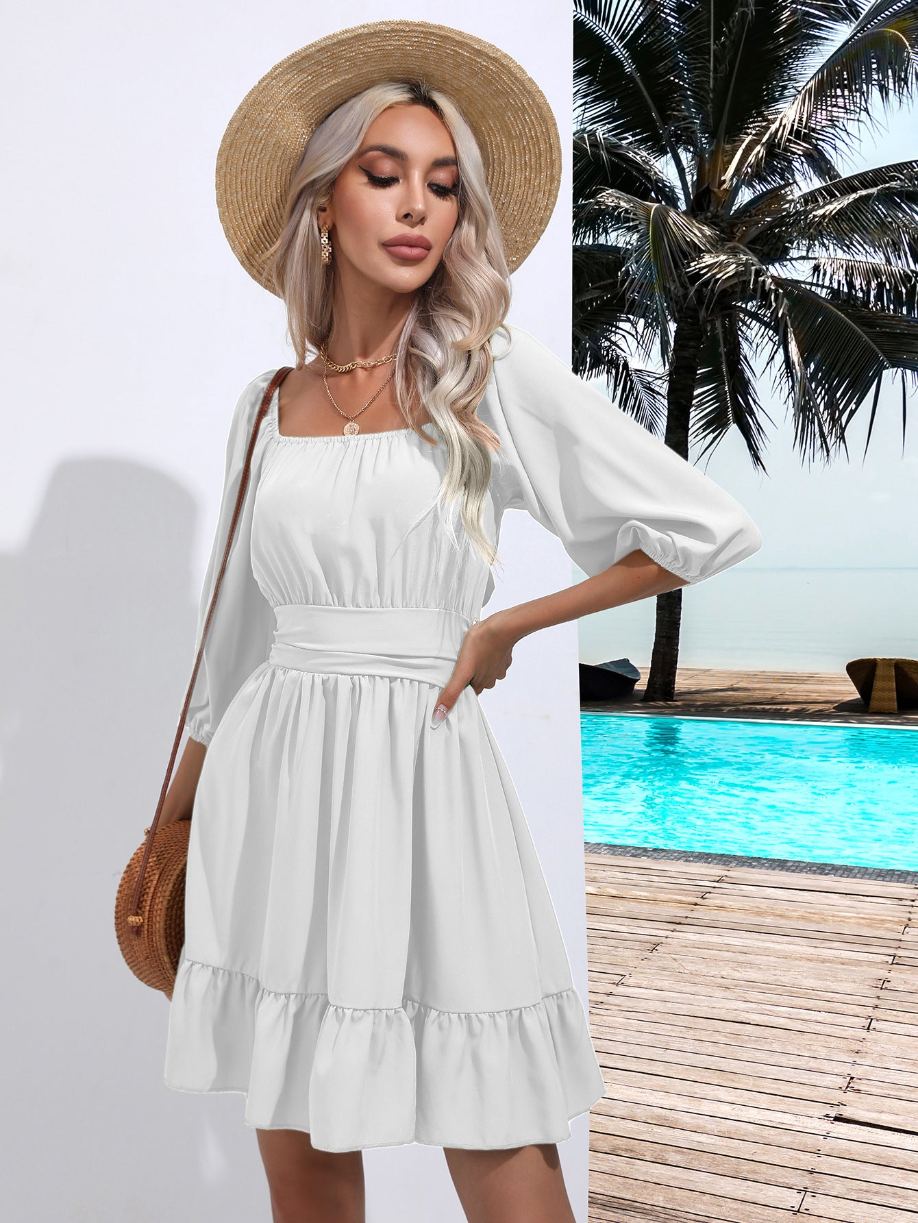 Popular Ruffled Square Collar Dress Lace Dress Women Summer Women Clothing