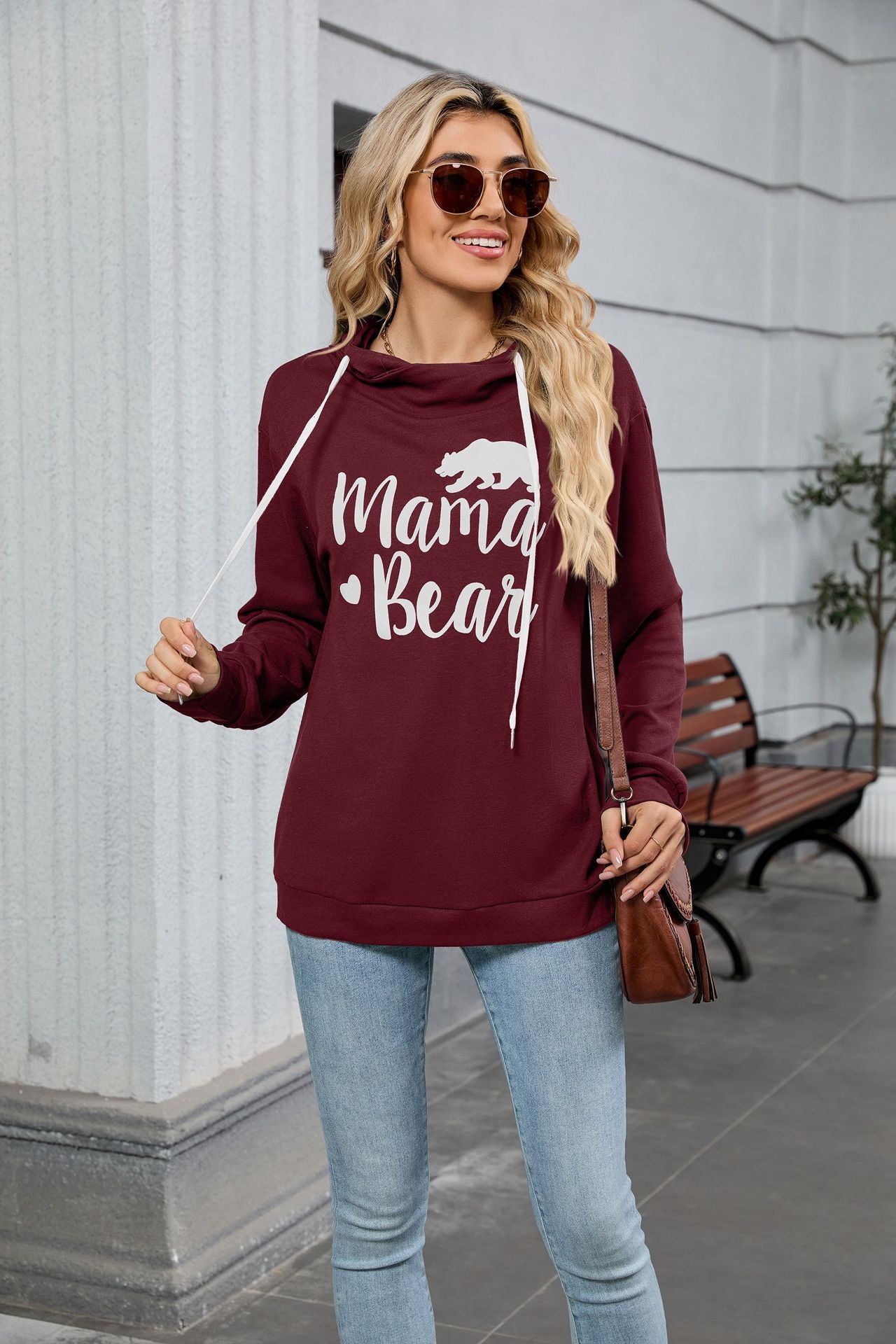 Autumn Winter Solid Color Printing Hooded Loose Long Sleeves Casual Sweatshirt Women
