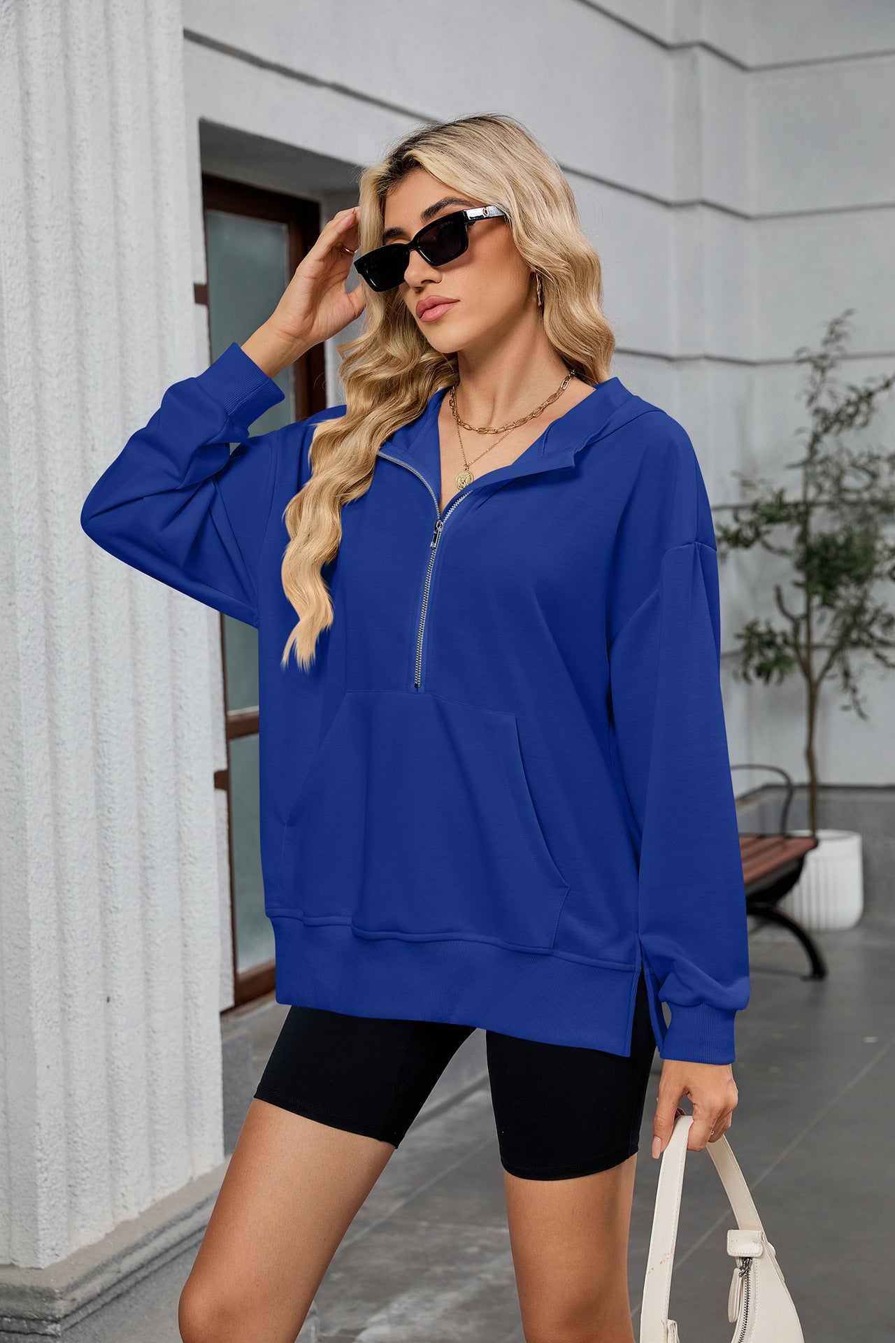 Spring Summer Hooded Loose Long Sleeves Zipper Pocket Sweatshirt Jacket Women