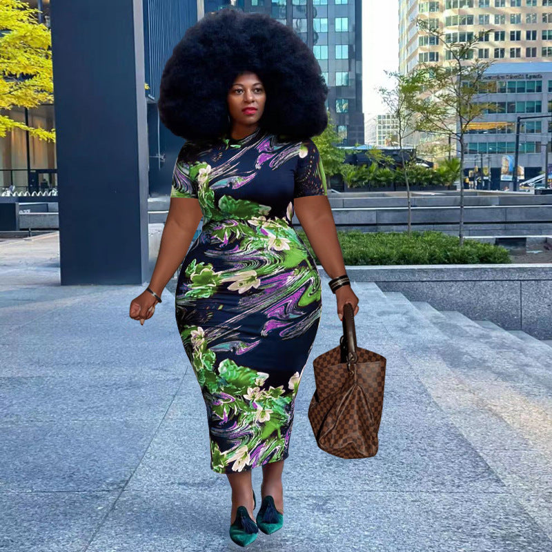 Plus Size Summer New Floral Printed Sexy Tight Dress