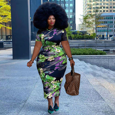 Plus Size Summer New Floral Printed Sexy Tight Dress