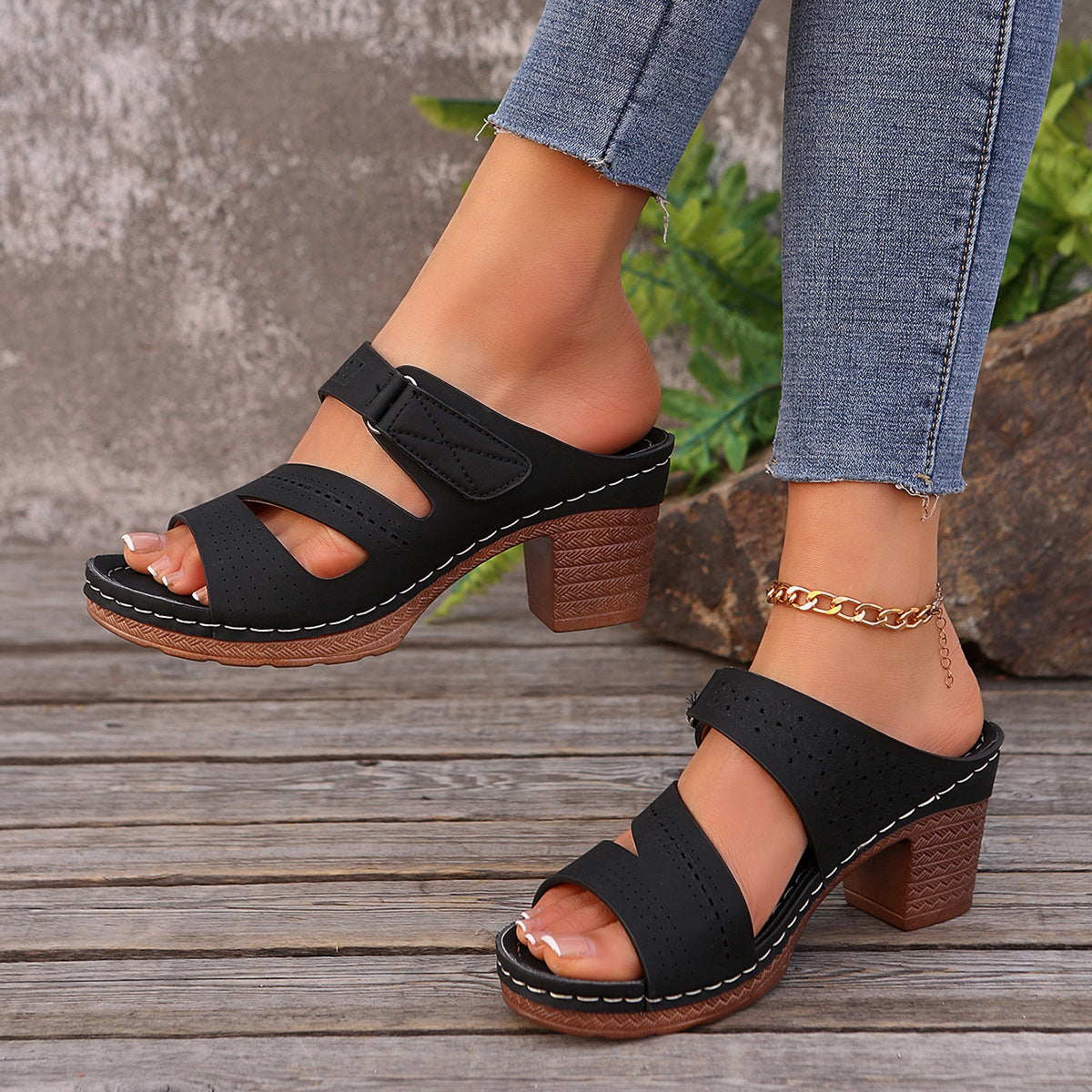 Hollow Out Cutout out Wedge Slippers Women Stitching Velcro Beach Slippers