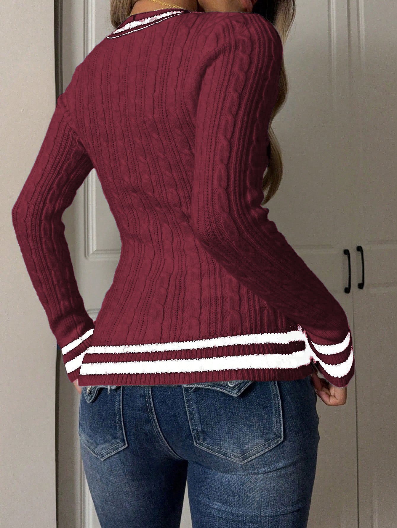 Minimalist V neck Long Sleeved Sweater Women Woolen Clothing Autumn Winter