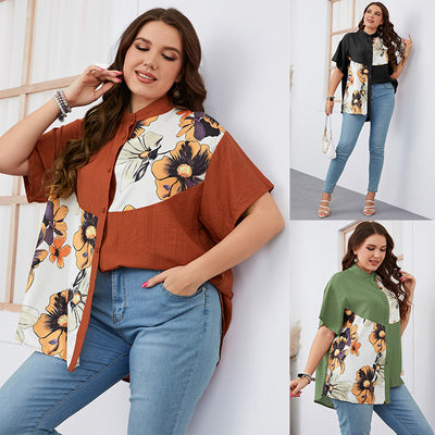 Plus Size Women Slimming Loose Printed Short-Sleeved Top Women Clothing