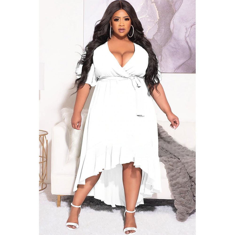 Women Clothing Sexy Solid Color Lace up Ruffled Elegant Dress