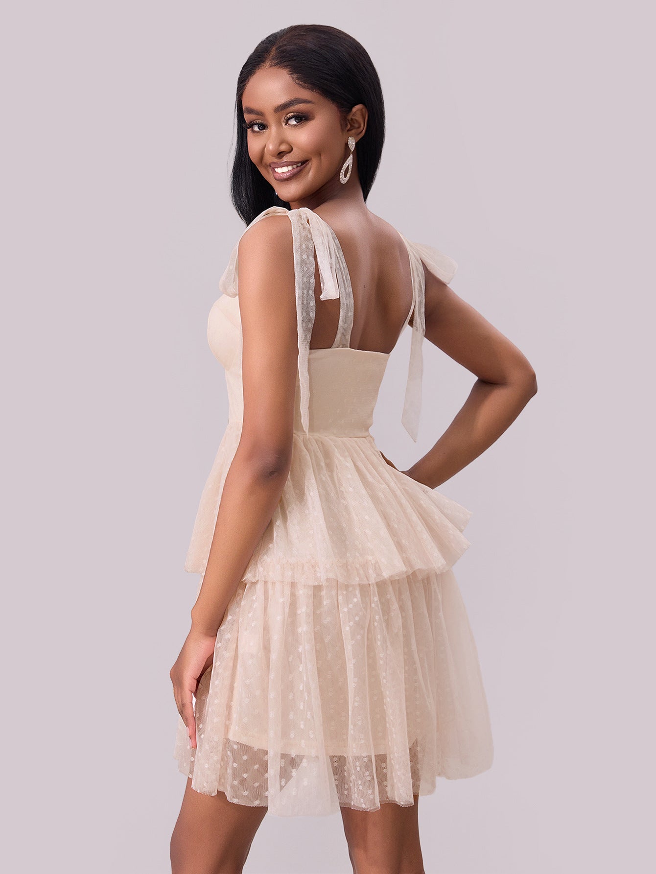 Women Clothing Evening Dress Lace up Shoulder Pleated Hem Mesh Dress