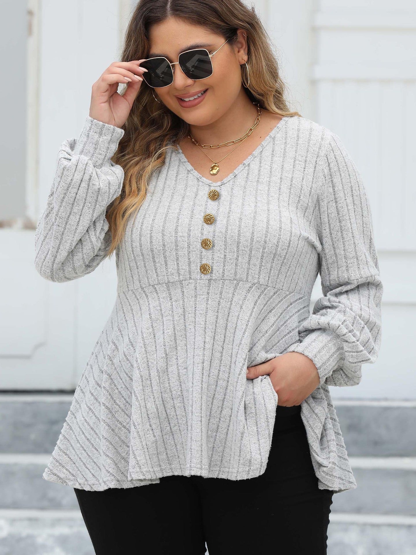 Women Tops plus Size Women Doll Shirt V neck Sunken Stripe Fleece Lantern Sleeve T shirt Gold Fastener Decoration Top