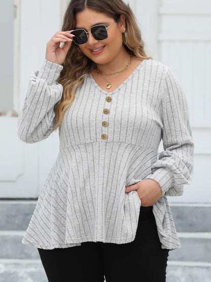 Women Tops plus Size Women Doll Shirt V neck Sunken Stripe Fleece Lantern Sleeve T shirt Gold Fastener Decoration Top