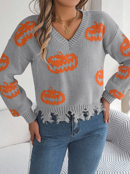Autumn Winter Halloween Contrast Color Pumpkin Cut Rotten Long Sleeve Pullover Women Clothing