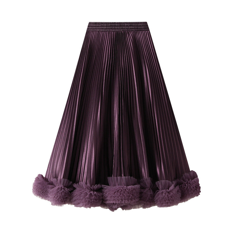 Elegant Pleated Petal Skirt Women High Grade Mid Length A line Skirt Wooden Ear Skirt