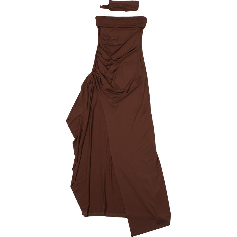 Women Clothing Summer Elegant Sexy Scarf Collar Slim Fit Slit Backless Dress Tube Top Dress