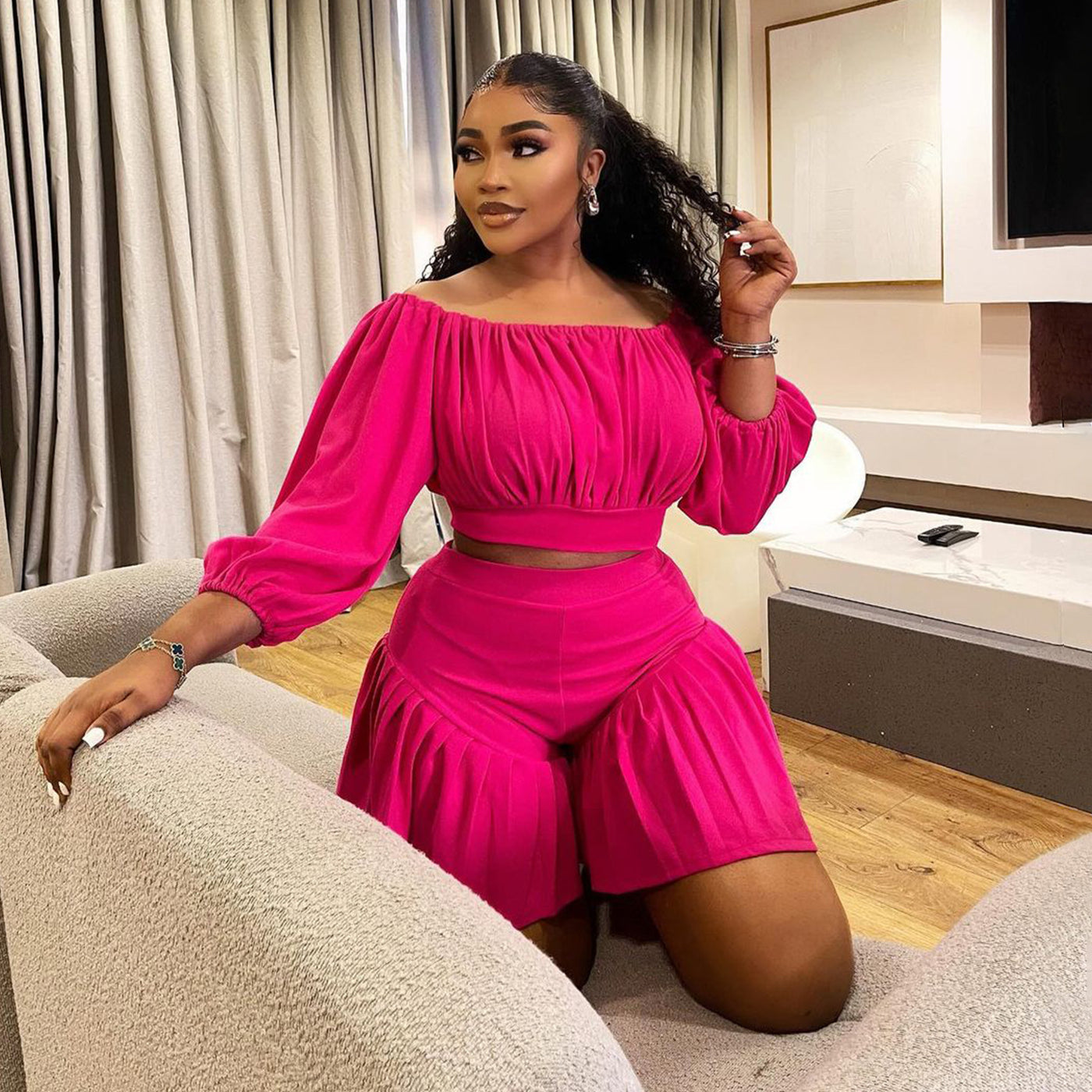 plus Size Women Clothing Pleated off Neck Fluffy Waist Trimming Casual Two Piece Sets