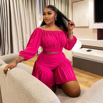 plus Size Women Clothing Pleated off Neck Fluffy Waist Trimming Casual Two Piece Sets