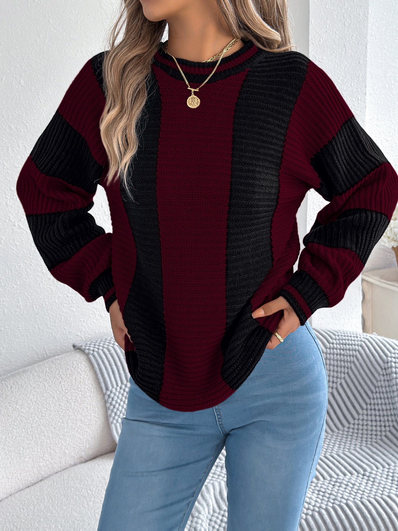 Autumn Winter Casual Contrast Color Striped Lantern Long Sleeve Pullover Women Clothing