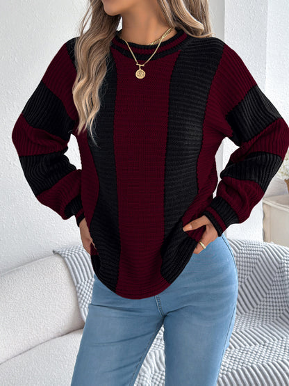 Autumn Winter Casual Contrast Color Striped Lantern Long Sleeve Pullover Women Clothing