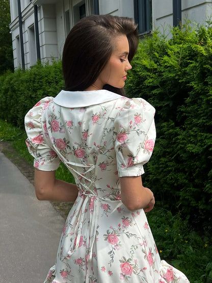 French V neck Puff Sleeve Dress Summer Waist Trimming Printing Short Dress Ruffled Dress