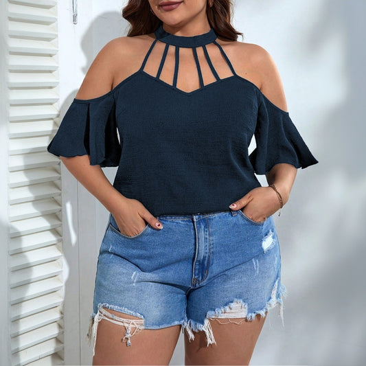 Plus Size Women Elegant T shirt Summer Halter Off the Shoulder Figure Flattering Short Sleeve Top