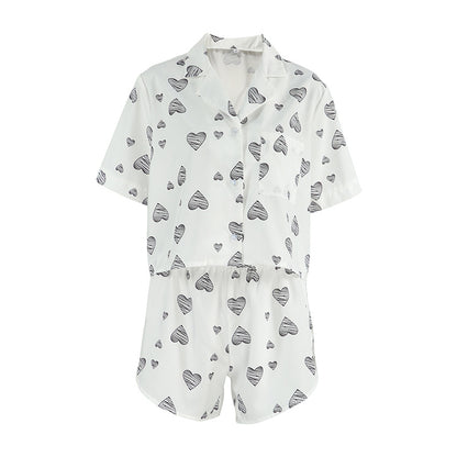Spring Summer Heart Printing Cardigan Short Sleeve Split Shorts Pajamas Women Comfort Casual Home Wear