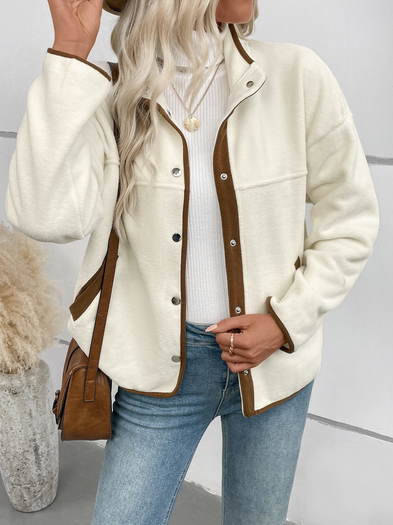 Contrast Color Polar Fleece Cardigan Autumn Winter Women Fleece Short Stand up Collar Casual Jacket