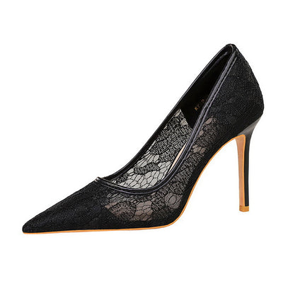 Sexy Lace High Heeled Shoes Shallow Mouth Pointed Toe Skinny Night Club Mesh Stiletto High Heel Shoes