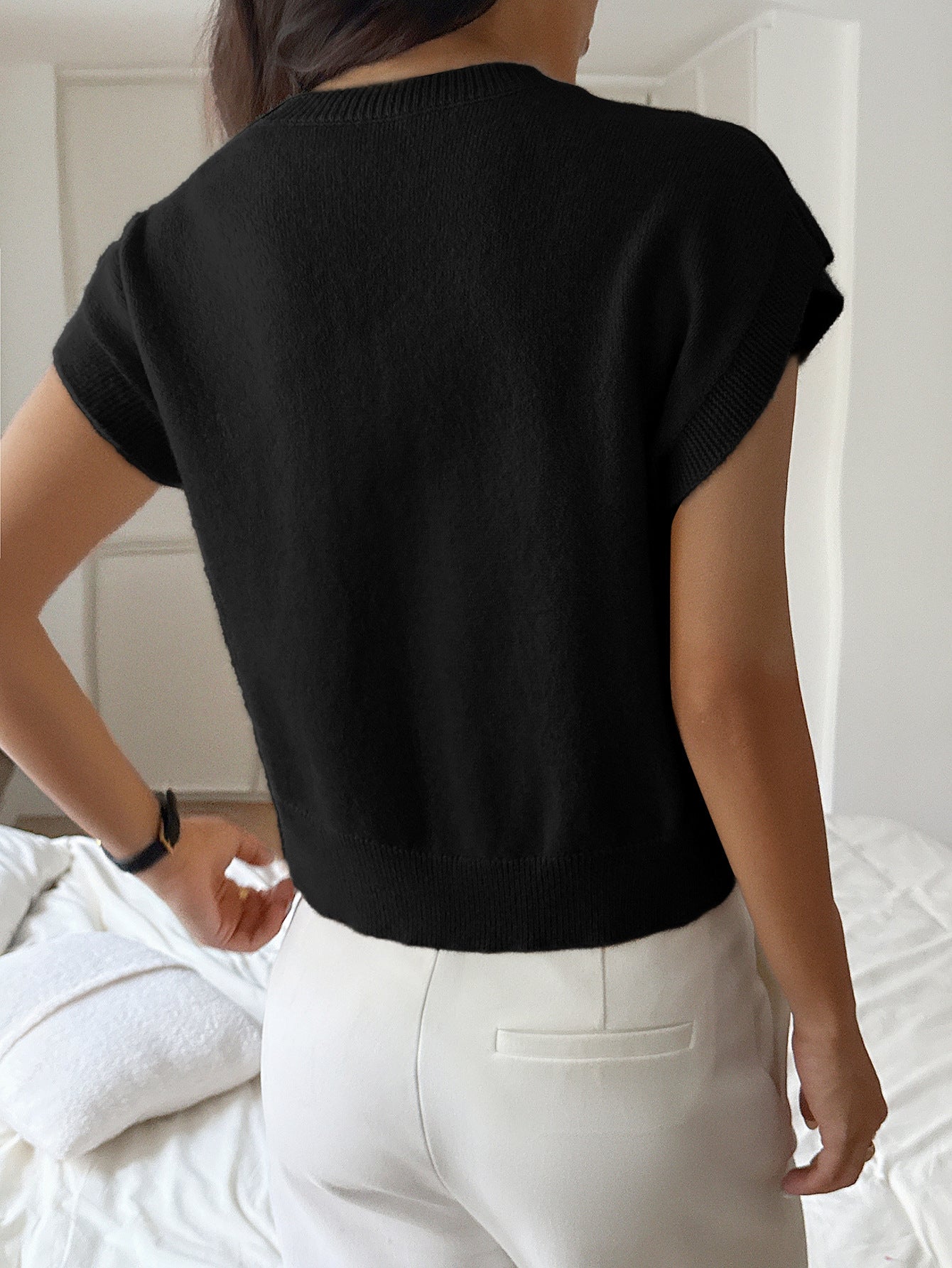 Women Clothing Autumn Winter Casual Vacation Deep V Plunge Neck Solid Color Sweater with Short Sleeves